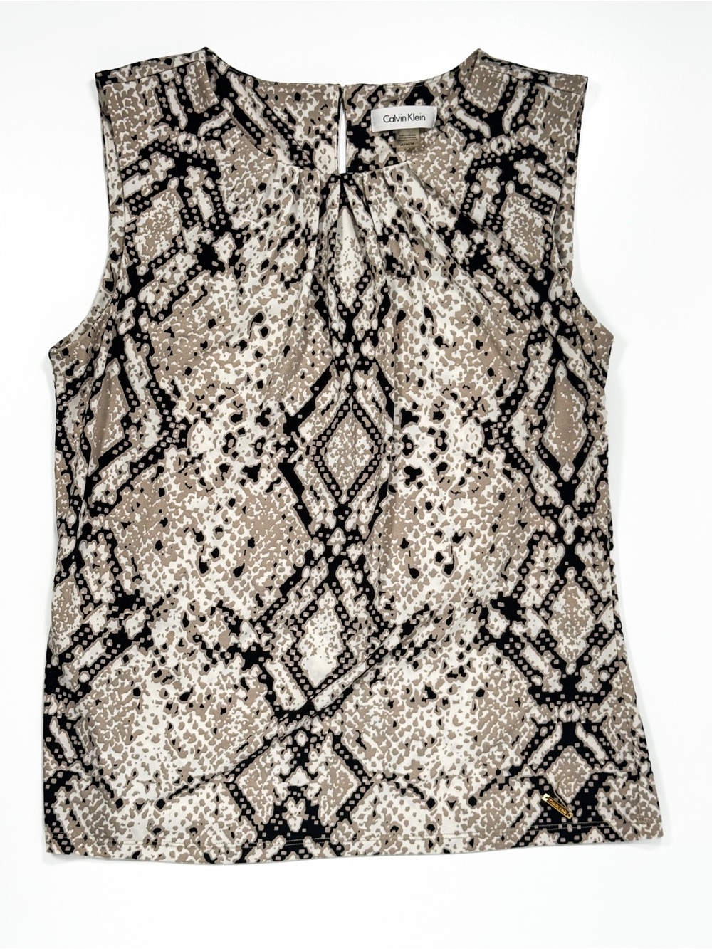 Calvin Klein Snake Print Pleated Sleeveless Blouse Keyhole Back Size M